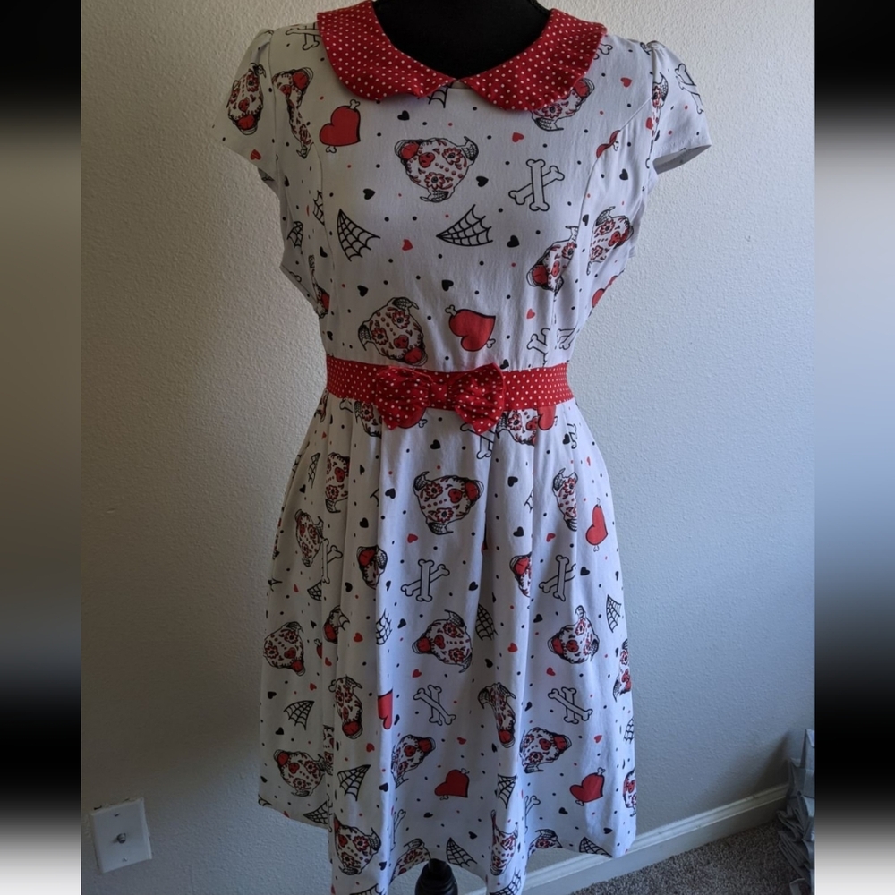 White & Red Heart Skeleton Print Fit-and-Flare Dress - Picture 2 of 9